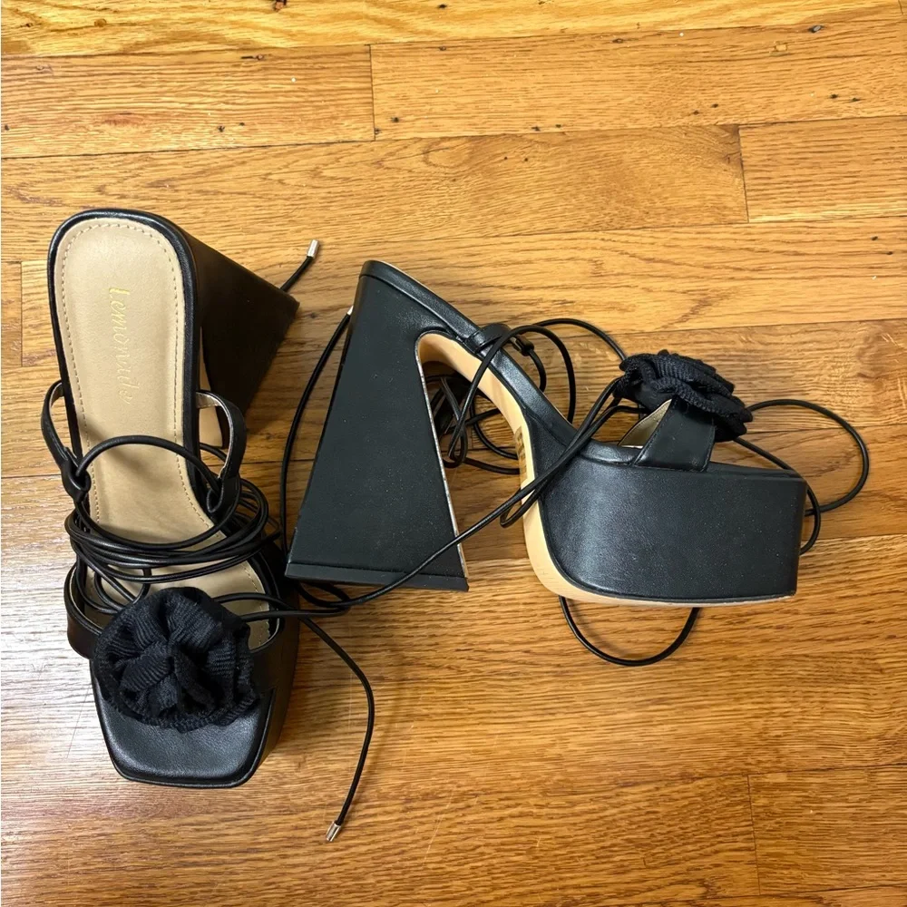 Black Platform Heels lace Up Sandals with Floral Detail